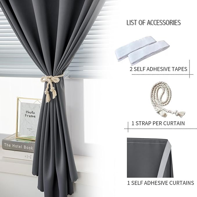 Magic Tape Stick On Curtains Window Shades Pull Down Blackout Window Cover Blackout Curtains for Bedroom No Drillng Self Adhesive Curtains No Rod Small Curtain, 47" W X 71" L, Grey, 1 Panel