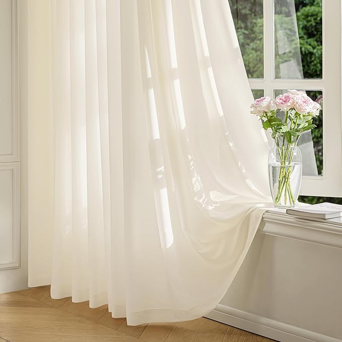 FMFUNCTEX Sheer Non-See-Through Butter Cream Curtains for Bedroom, Faux Silk That Let Light Curtains 72 inches Long Light Filtering Privacy Sheer Window Drapes for Living Room, Rod Pocket 2 Panels Set