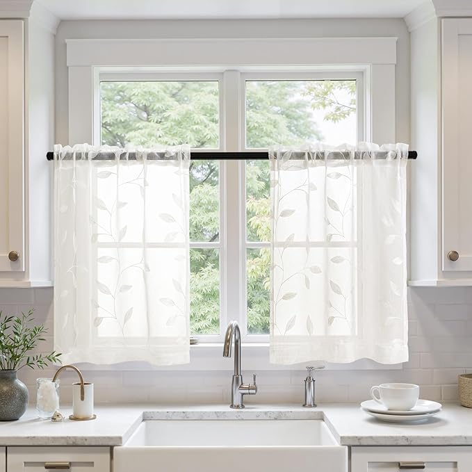 MIULEE Ivory Sheer Kitchen Curtains 30x36 Inches Length 2 Panels Embroidered Leaf Patterned Rod Pocket Floral Semi Sheer Faux Linen Short Window Curtains Drapes Set for Bathroom Cafe