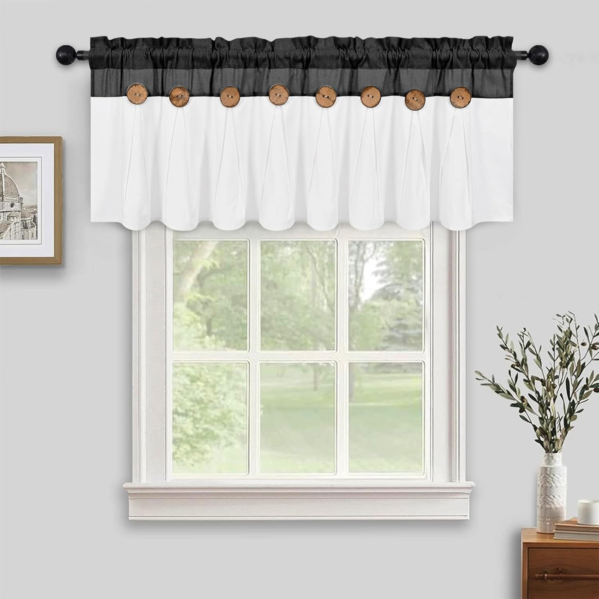 Farmhouse Valance Curtains, Boho Cotton Linen Kitchen Valance, Black Rustic Button Window Valance for Kitchen Bathroom Bedroom, Country Rod Pocket Valances for Windows, Black, 52 X 18 Inch