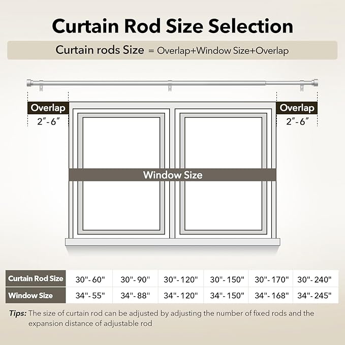 IFELS Heavy Duty Curtain Rods for Windows 28 to 48 Inch, 1 Inch Silver Window Curtain Rod for Bedroom, Living Room, Outdoor, Adjustable Easy Install Curtain Rods, Modern Elegant(A1,Silver,30-60")