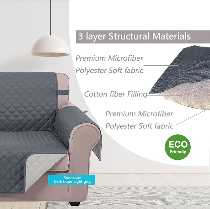 U-NICE HOME Large Sofa Cover Reversible Couch Cover for Dogs with Elastic Straps Water Resistant Furniture Protector for Pets Couch Cover for 4 Cushion Couch (Oversized Sofa, Dark Blue/Light Grey)