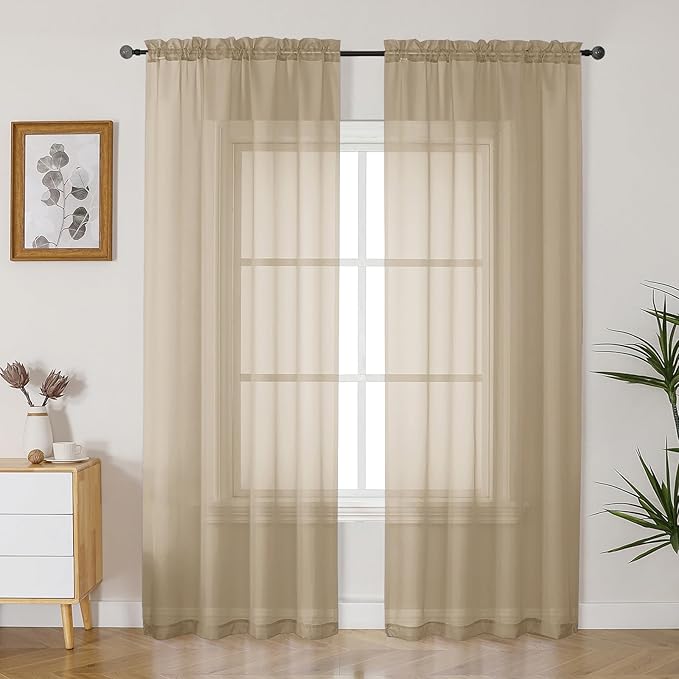 Gwine Taupe Sheer Curtains 90 Inches Long 2 Panels Set, Light Filtering Solid Filmy Drapes for Living Room Bedroom, Elegant Soft Rod Pocket Voile Sheer Window Curtains, 42Wx90L Inch, 2PCS, Taupe