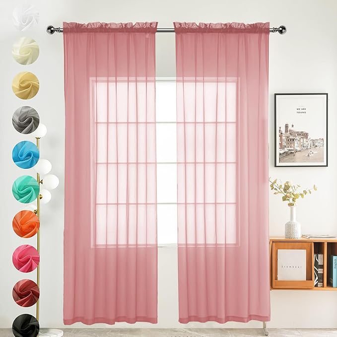youleyar Solid Sheer Rod Pocket Curtain Voile Draperies 2 Panels White Beige Black Grey Coffee 52 Inch Width 108 Inch Long 1 Pair for Kitchen Bedroom Children Living Room Yard (Blush,52Wｘ108L)