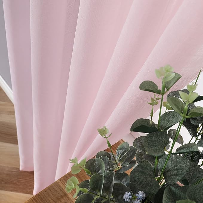 Tollpiz Sheer Curtains Linen Textured Bedroom Curtain Sheers Light Filtering Rod Pocket Voile Curtains for Living Room, 54 x 84 inches Long, Pink, Set of 2 Panels
