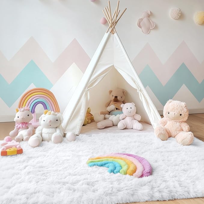 OLANLY 4x5 Machine Washable Accent Rug, Soft Fluffy Shaggy Area Rug for Bedroom, Living Room, Indoor Floor Carpet for Kids, Nursery, Home Decor, White