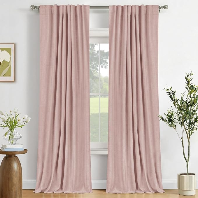 100% Blackout Shield Blush Linen Blackout Curtains for Bedroom 84 Inches Long, Back Tab/Rod Pocket Living Room Drapes, Thermal Insulated Blackout Curtains 2 Panels Set, 50" W x 84" L