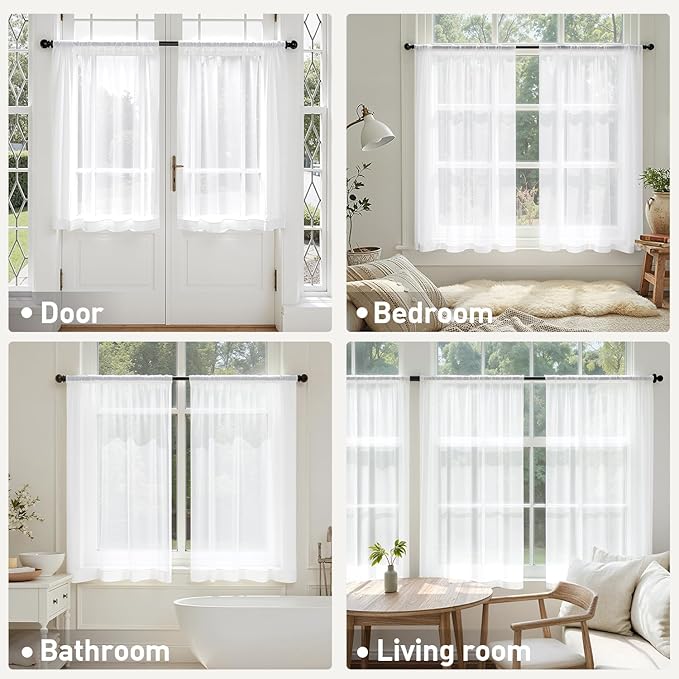 MIULEE Short Sheer Curtains 54 Inches Long, 4 Panels Set, Light Filtering Rod Pocket Curtains for Kitchen/Bathroom Small Windows, 42W x 54 Inches, White