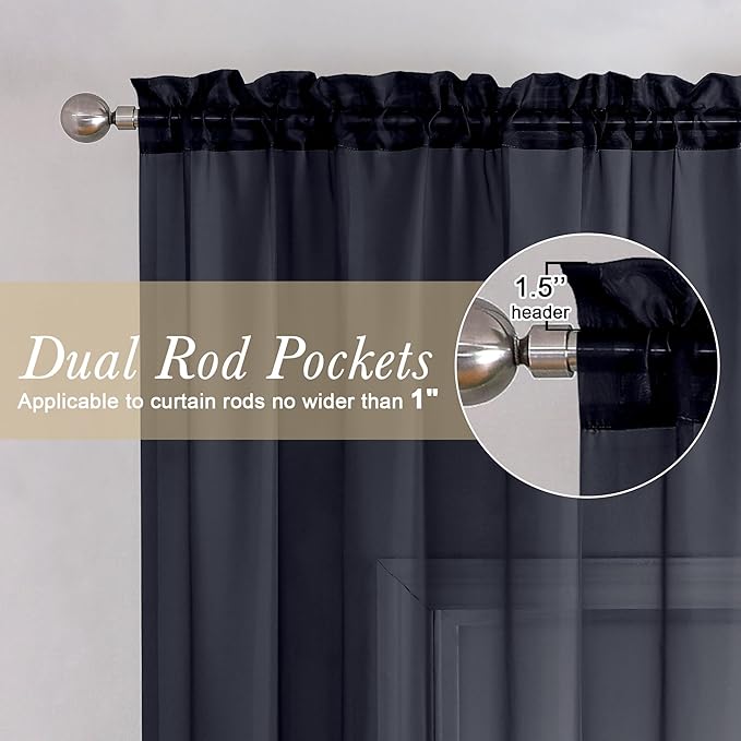 Lecloud 36 Inch Black Curtains Sheer Tiers for Kitchen Set of 2 Pieces, Dual Rod Pocket Window Small Curtain for Bedroom, Elegant Living Room Bathroom Cafe Cupboard Gauzy Tiers, 40W x 36L Inch