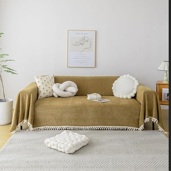 HANDONTIME Couch Covers for Pets Boho Mustard Yellow Love Seat Couch Covers Brown Sofa Cover for Dogs Pet Couch Protector Chenille Tassel Sofa Slipcovers Sofa Throw Cover Boho Decor for Living Room