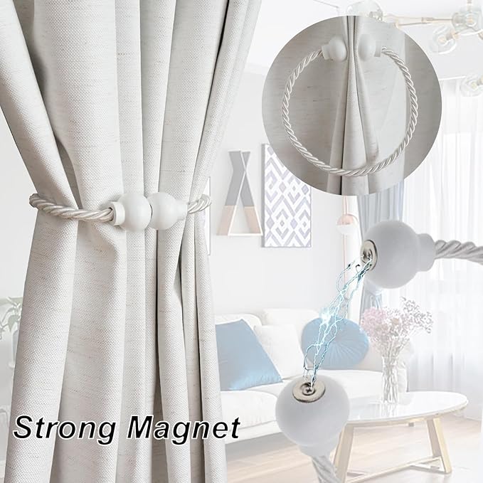 6 Pack Magnetic Curtain Tiebacks Modern Handmade Rope Curtain Tie Backs Decorative Drapes Weave Holdbacks for Home Outdoor Bedroom Office Decorative Curtain, White