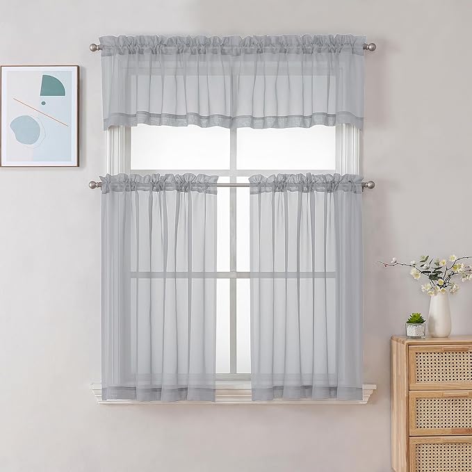 Gwine Light Grey Valances for Windows, Small Light Filtering Rod Pocket Cafe Valance Curtains, Soft Sheer Curtain for Bathroom Laundry Basement, 42Wx14L inch, 2 Pieces