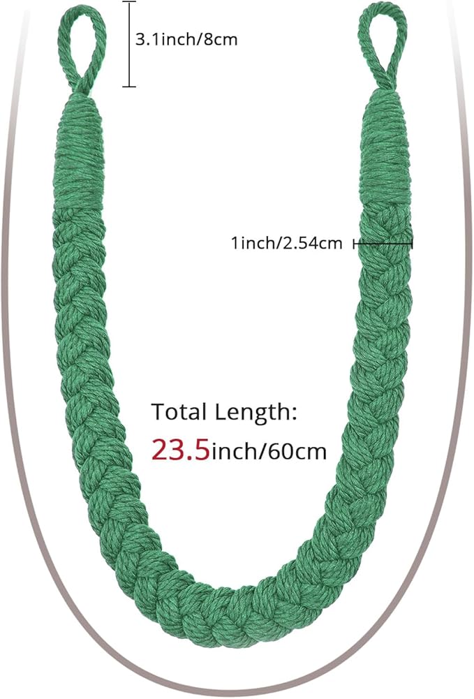 NICEEC 4 Pack Natural Cotton Rope Curtain Tiebacks Elegant Boho Style Decorative Drape Tie Backs Soft Hand-Woven Rope Curtain Holdbacks with Metal Hook for Home & Office Drapery (Green)