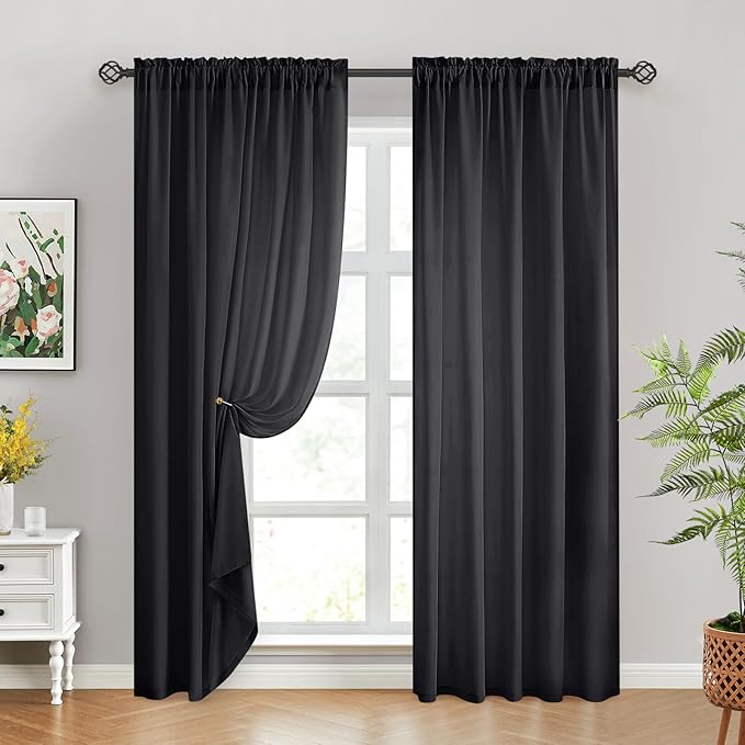 HOMEIDEAS Halloween Non-See-Through Black Privacy Sheer Curtains, 52 X 84 Inches Long 2 Panels Sheer Curtains Light Filtering Window Drapes for Bedroom Living Room