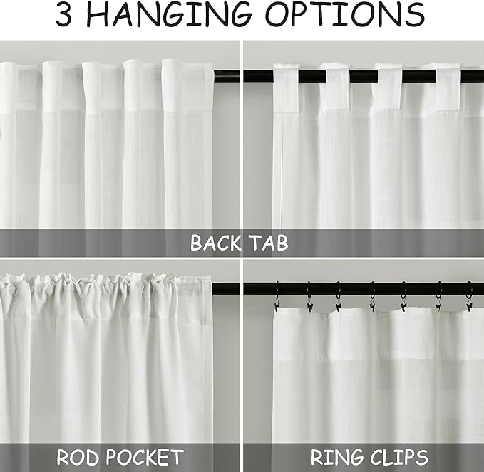 Linen Light Filtering Curtains 96 Inches Long 2 Panels Long Ivory Semi Sheer Linen Blended Window Curtains Back Tab Pocket Natural Off White Rustic Farmhouse Drapes for Living Room Bedroom 52X96