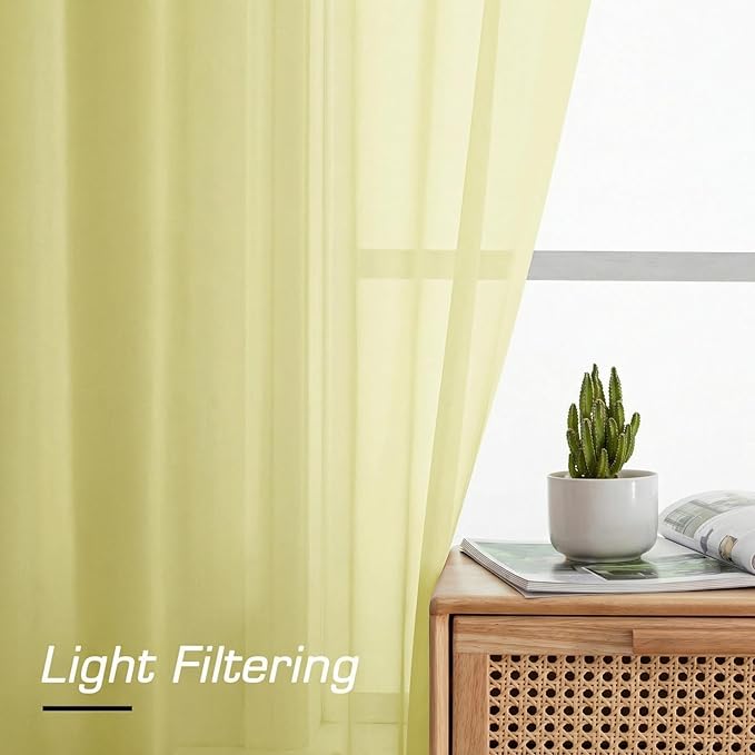 Simplebrand Light Yellow Rod Pocket Top Solid Voile Sheer Curtains for Bedroom, 54 Inch Length Drapes Set of 2, Lightweight and Light Filtering Elegant Curtains Panels Window Treatment, 42W×54L