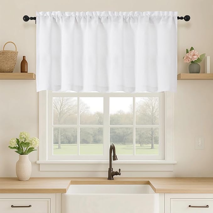 OVZME White Valance for Windows, Light Filtering Thick Textured Small Cafe Valances for Window, Dual Rod Pocket Farmhouse Short Curtain for Bathroom Basement, 1 Piece, 60Wx24L Inch