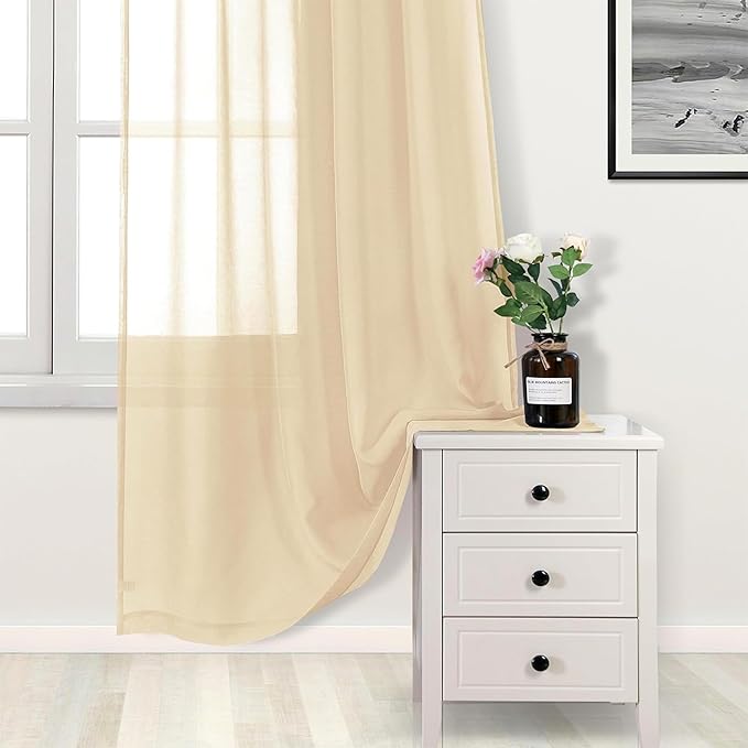 DWCN Beige Sheer Curtains Semi Transparent Voile Rod Pocket Curtains for Bedroom and Living Room, 42 x 72 inches Long, Set of 2 Panels