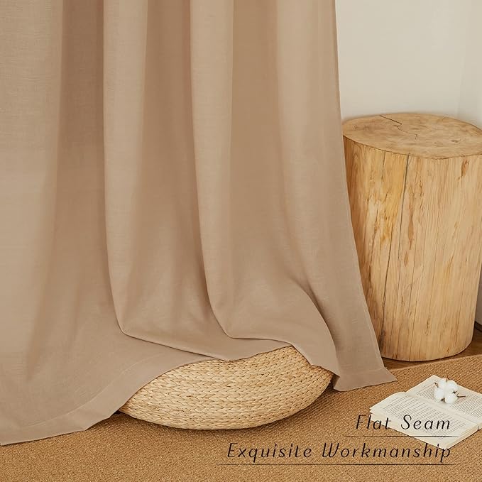 NICETOWN Thick Linen Blend Curtains Flax Textured for Bedroom, Rustic Grommet Semi Sheer Privacy Added Window Curtains & Drapes Light Filtering for Nursery, Camel, W42 x L63, Set of 2