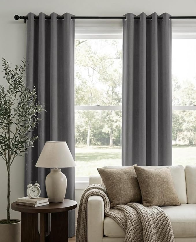 100% Blackout Shield Linen Blackout Curtains for Bedroom, Dark Gray Grommet Curtains for Living Room, Thermal Insulated Room Darkening Drapes for Nursery, Boho Home Decor, 50" W x 90" L, 2 Panels