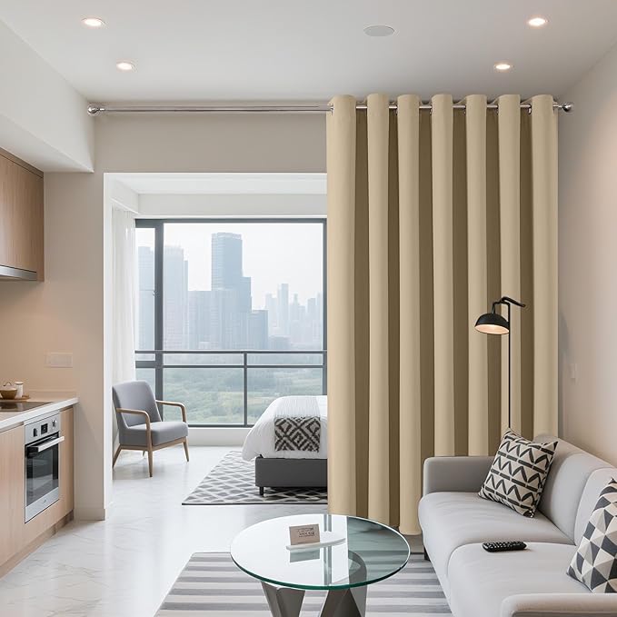 Joydeco Blackout Patio Sliding Door Curtains 90 Inches Long, Grommet Privacy Room Divider Curtains, Extra Wide Thermal Blackout Drapes for Bedroom Living Room (Light Beige, 70Wx90L, 1 Panel)