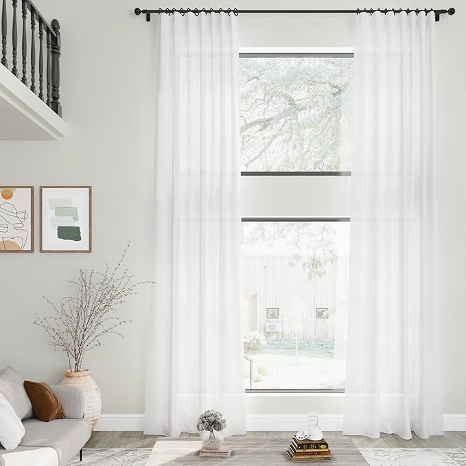 Extra Long White Linen Curtains 108 Inches Long 2 Panels Set for Living Room Back Tab Modern Farmhouse Decor Cotton Textured Off White Sheer Linen Curtains 108 Inch Length for Large Window 70x108