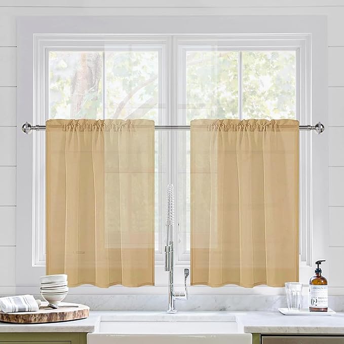 DWCN Taupe Sheer Curtains for Kitchen Windows - Rod Pocket Semi Transparent Voile Tier Curtains for Bedroom, Living Room, Farmhouse, 36 x 36 inches Long, Set of 2 Panels