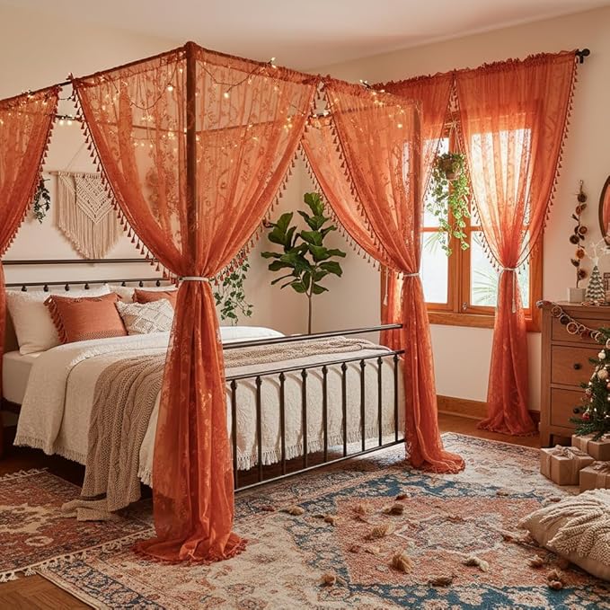 WAZZIO Boho Lace Curtains 72 Inch 2 Panels-Vintage Sheer Panel Drape Floral Pattern & Tassel Light Filtering Privacy for Bedroom Dining Living Room,Cottage Earthy Full Decor Terracotta,W52 x 72L