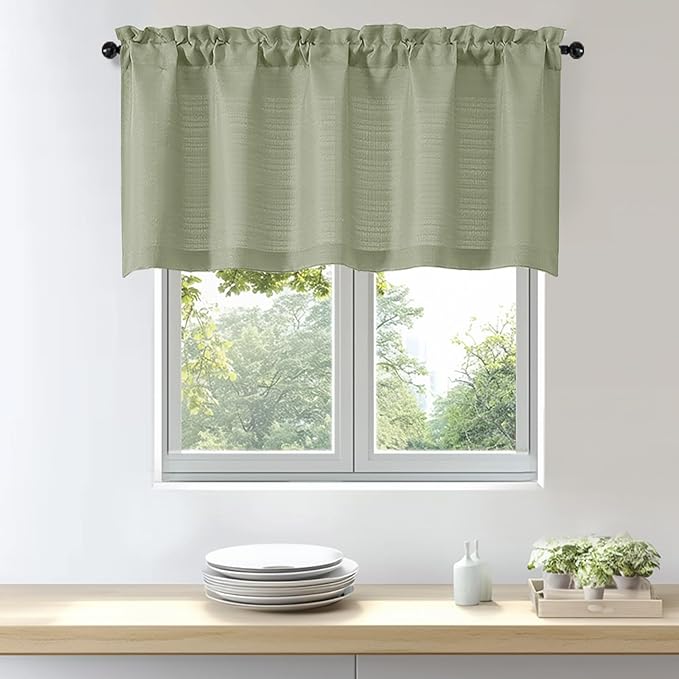OWENIE Bob 1 PCS Green Valances for Windows, Faux Linen Textured Kitchen Window Curtains Valance for Bedroom Living Room, Modern Soft Airy Solid Rod Pocket Bathroom Cafe Curtain, 60Wx24L Inch