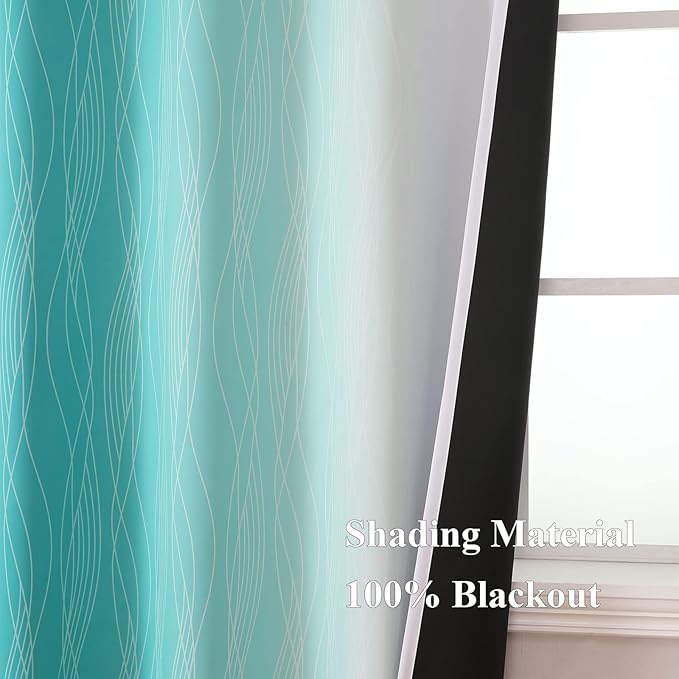 Estelar Textiler Teal and Greyish White Ombre Blackout Curtains 72 Inches Length for Bedroom, Thermal Insulated Light Blocking Grommet Gradient Blackout Drapes for Living Room, 42Wx72L, 2 Panels