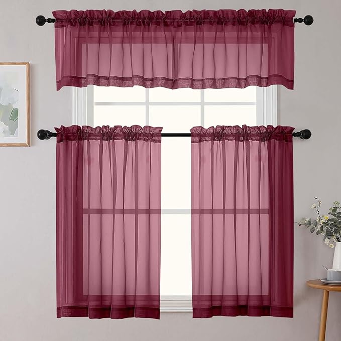 Kitchen Curtains 24 Inch Length Tier 2 Pieces, Burgundy Sheer Curtain Solid Soft Sheer Short Curtains for Windows, Cafe Bathroom Basement Rod Pocket Drapes, Burgundy, Each 42" Wx24 L Inches