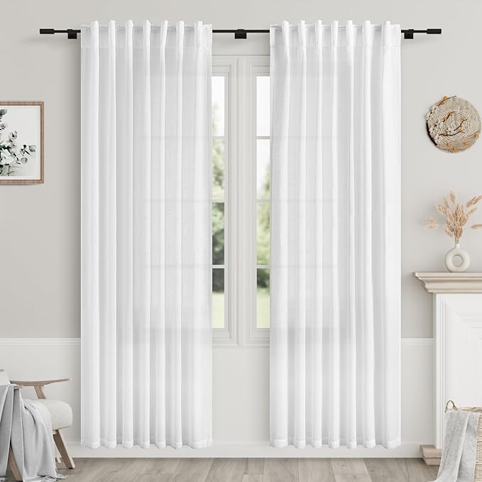 White Linen Curtains 80 inches Long for Bedroom Back Tab Light Filtering Privacy Sheer White Curtains Modern Farmhouse Coastal Decor Cotton Textured Gauze Curtain 2 Panel Set 52x80