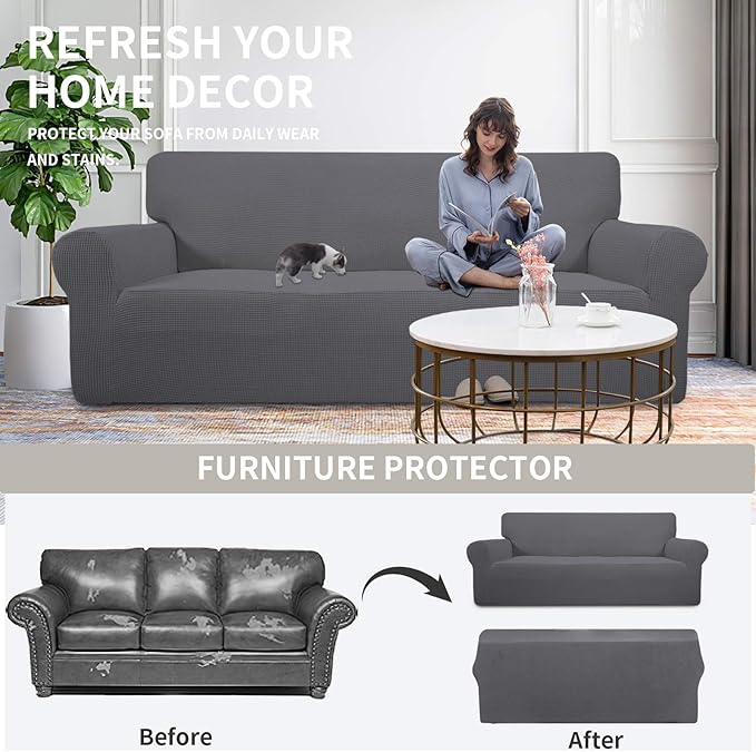Easy-Going Stretch Oversized Sofa Slipcover 1-Piece Sofa Cover Furniture Protector Couch Soft with Elastic Bottom for Kids, Polyester Spandex Jacquard Fabric Small Checks Gray
