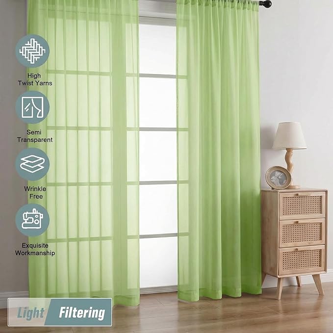 Sheer Curtains 63 Inch Length 2 Panels, Soft Voile Sheer Curtains for Christmas, Breathable Light Filtering Window Treatments, Dual Rod Pocket Panels, Lime, 2x42Wx63L Inches