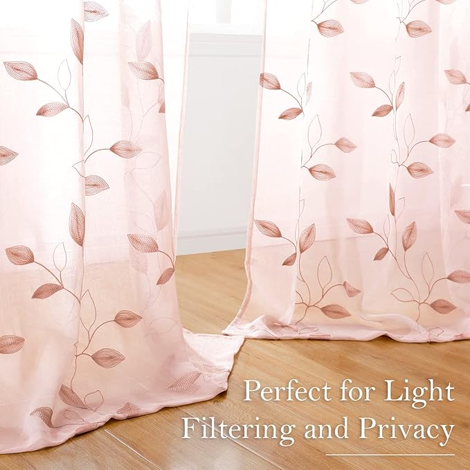 HOMEIDEAS Blush Pink Sheer Curtains 52 X 84 Inches Length 2 Panels Embroidered Leaf Pattern Pocket Faux Linen Floral Semi Sheer Voile Window Drapes for Bedroom Living Room