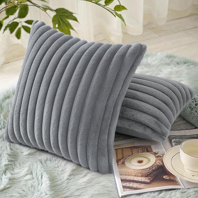 decorUhome Cozy Faux Fur Throw Pillow Covers 20x20 Set of 2 Decorative Soft Plush Striped Modern Farmhouse Boho Couch Pillow Cases with Velvet Back for Sofa Bed Living Room, Grey