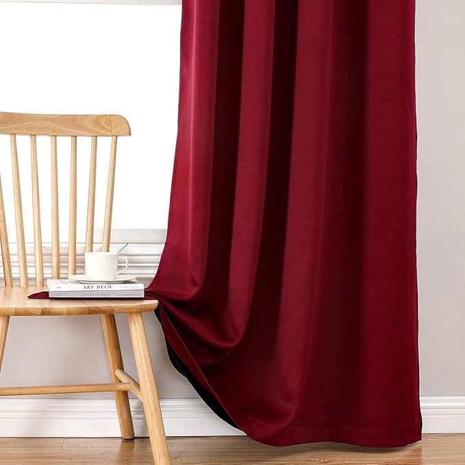 ChrisDowa 100% Blackout Curtains for Bedroom with Black Liner, 2 Thick Layers Total Blackout Thermal Insulated Grommet Window Curtains 2 Panels Set (Burgundy, 42 x 84 Inch)
