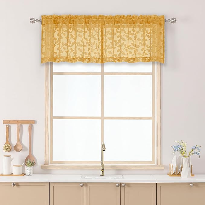 Chyhomenyc Gold Sheer Valances for Windows 14 Inch Length 2 Pcs, Light Filtering Leaf Textured Cafe Short Kitchen Curtains, Top Small Curtain for Living Room Bedroom Basement, 42" W x 14" L
