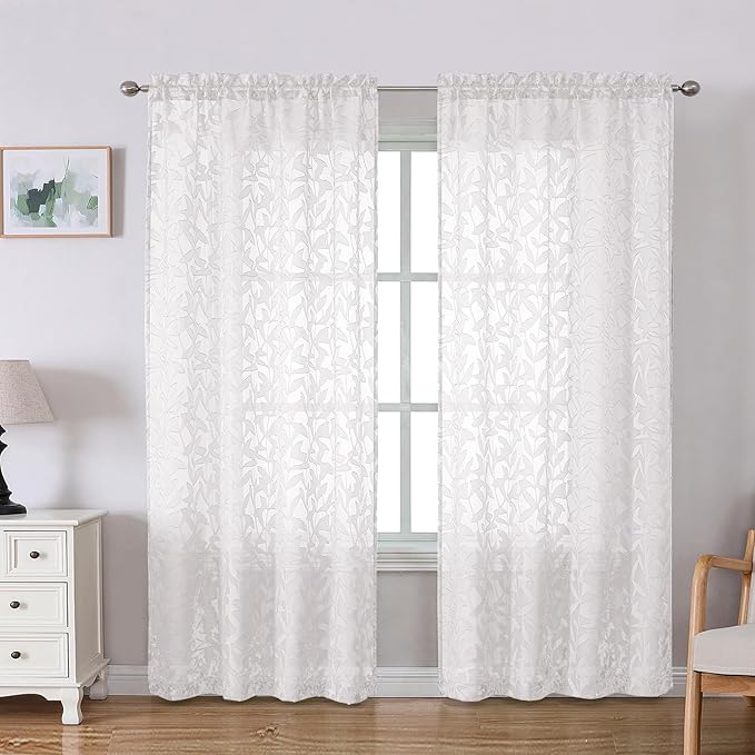 Lecloud Leia White Sheer Curtains 78 Inches Long 2 Panels, Privacy Airy Voile Jacquard Leaf Textured Curtains, Dual Rod Pockets Farmhouse Drapes for Living Room Bedroom Dining Room, 42" W x 78" L