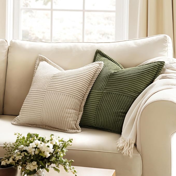 MIULEE Olive Green Corduroy Decorative Euro Sham Pillow Covers 24x24 Inch with Splicing Set of 2 Soft Boho Pillow Covers Broadside Textured Summer Pillowcases for Couch Bed Livingroom
