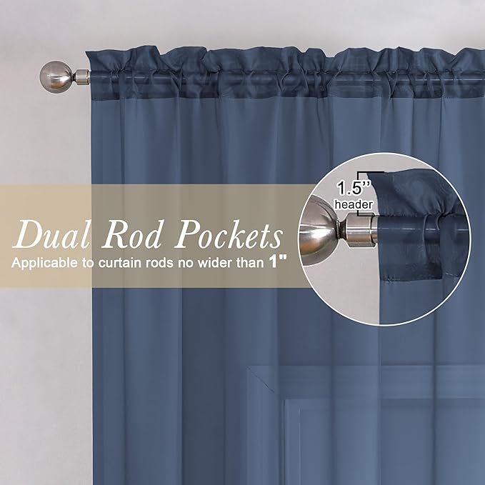 Lecloud Navy Blue Sheer Curtains 96 Inches Long 2 Pcs, Light Filtering Window Curtains for Living Room Bedroom Dining Room, Vintage Home Decor Rod Pockets Privacy Drapes, Each Panel 59" W x 96" L