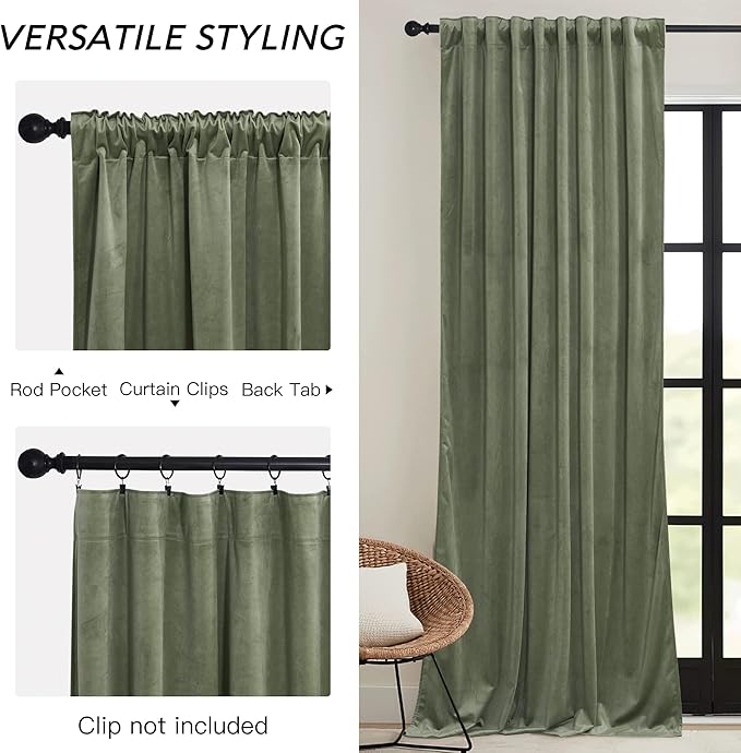 RYB HOME Sage Green Velvet Curtains 96 inch, Room Darkening Super Soft Velvet Drapes for Living Room Thermal Insulated Pleat Tapes Window Treatment for Bedroom Playroom, W52 x L96 inch, 2 Panels