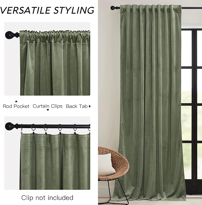 RYB HOME Sage Green Velvet Curtains 94 inches with Hook Belt, Soft Fabric Room Darkening Thermal Insulated Luxurious Home Decor Curtains for Living Room Bedroom, W 52" x L 94", 2 Panels Set