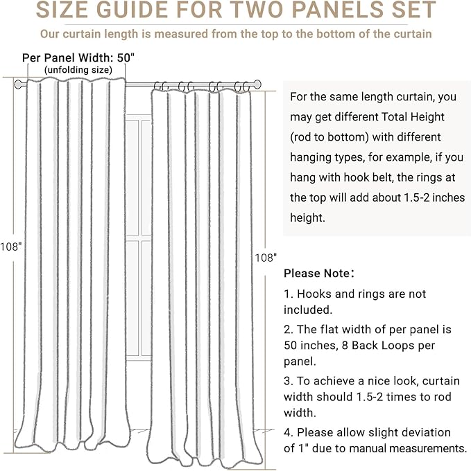 100% Blackout Shield Linen Blackout Curtains for Bedroom 108 Inches Long, Back Tab/Rod Pocket Living Room Drapes, Thermal Insulated Blackout Curtains 2 Panels Set, 50" W x 108" L, Beige