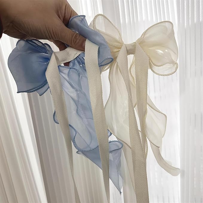 2 Pack French Silky Bow Curtain Tiebacks, Elegant Lace Ribbon for Curtains Decorative Rope Accessories Home Décor (Blue,2)