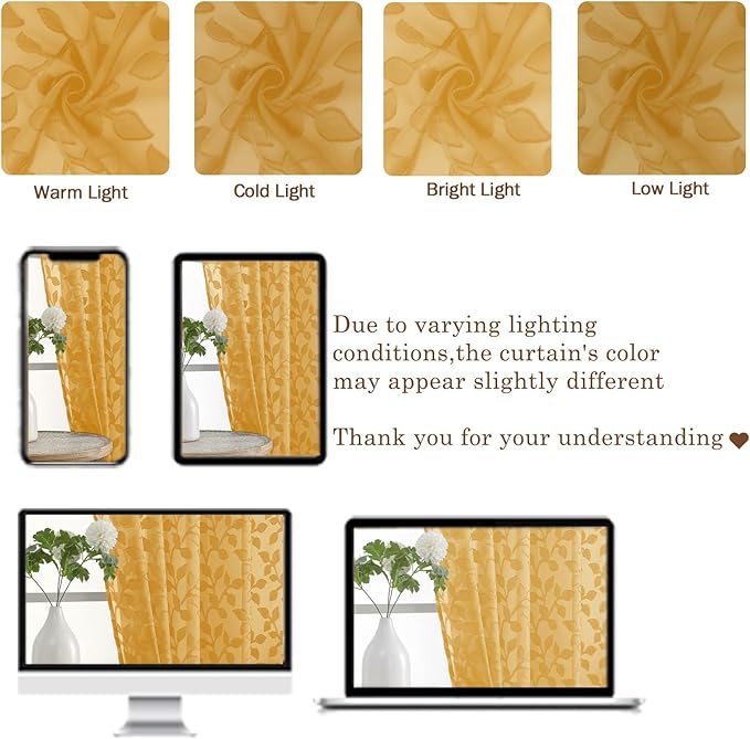 Chyhomenyc Gold Sheer Valances for Windows 14 Inch Length 2 Pcs, Light Filtering Leaf Textured Cafe Short Kitchen Curtains, Top Small Curtain for Living Room Bedroom Basement, 42" W x 14" L