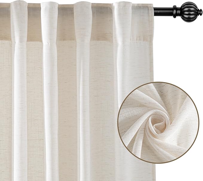 RYB HOME Linen Sheer Curtains Light & Airy Translucent Privacy Protected Vertical Panels for Bedroom Living Room, Rod Pocket & Back Tab, Ivory, W 52 x L 95 inch, 2 Panels