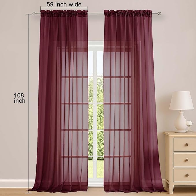OWENIE Sheer Curtains 2 Panels Set for Bedroom Living Room, Soft Solid Rod Pocket Light Filtering Window Treatment, 2Pcs Each 59" W x 108" L, Burgundy Wine