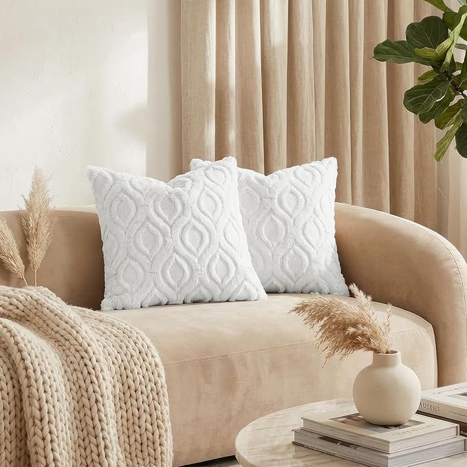 decorUhome Throw Pillow Covers 26x26 Inch Set of 2, Soft Plush Faux Wool White Solid Couch Pillow Covers, Accent Euro Sham Farmhouse Neutral Square Pillow Cases for Sofa Bed Living Room