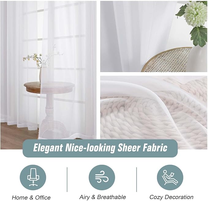 White Sheer Curtains for Window 72 inches Long 2 Panels Set, Soft Airy Modern Light Filtering Sheer Curtains for Living Room Bedroom, Dual Rod Pocket Solid Window Drapes, 2x42Wx72L inches
